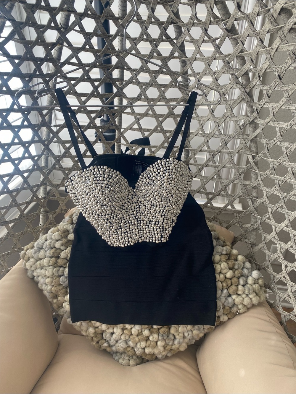 Marciano Black Pearl-Clustered Strap Crop Top and Bebe Bodycon mini skirt